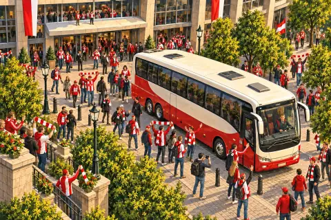 Autokar drużyny przed wejściem na stadion.