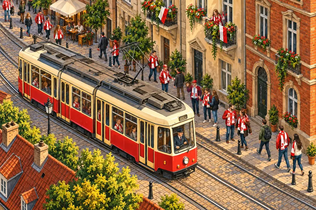 Tramwaj i kibice w barwach klubowych na ulicy w drodze na mecz.