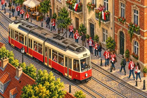 Tramwaj i kibice w barwach klubowych na ulicy w drodze na mecz.