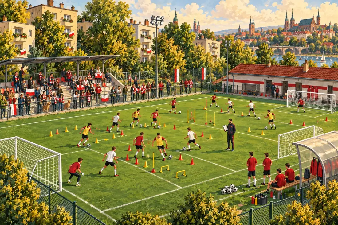 Trening młodzieżowej drużyny: nastolatkowie slalomem między pachołkami, trener i rodzice na trybunce.
