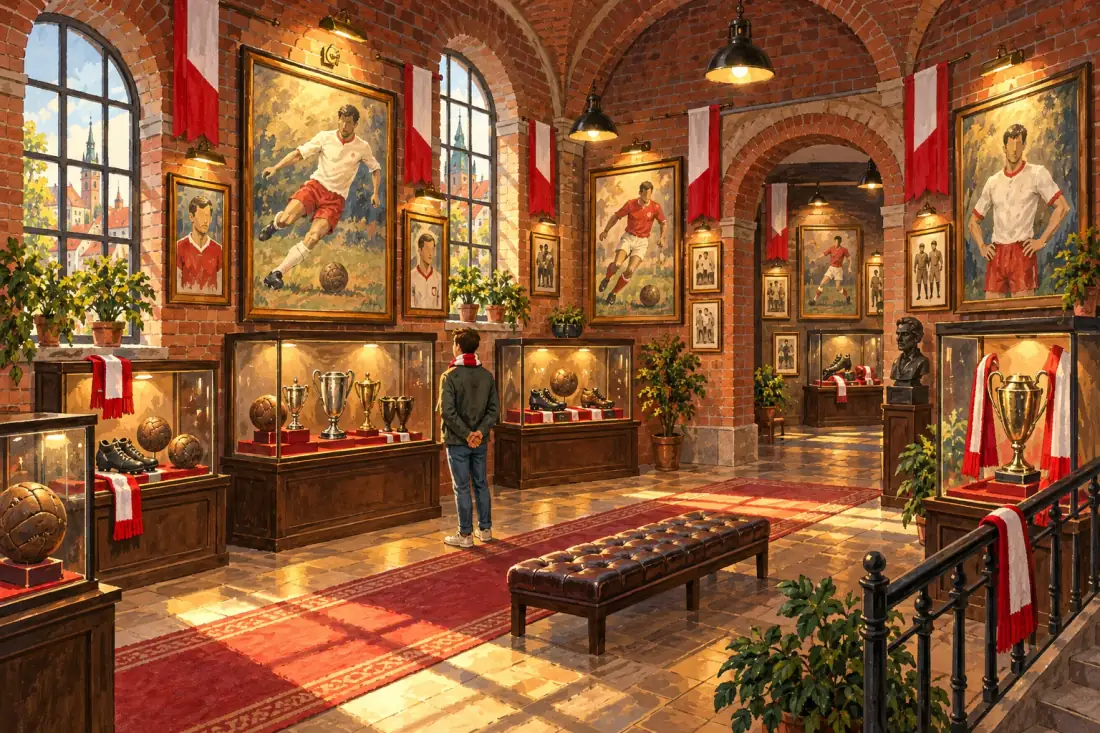 Sala pamięci piłkarskiej: obrazy anonimowych zawodników, gabloty z pucharami i starymi piłkami.
