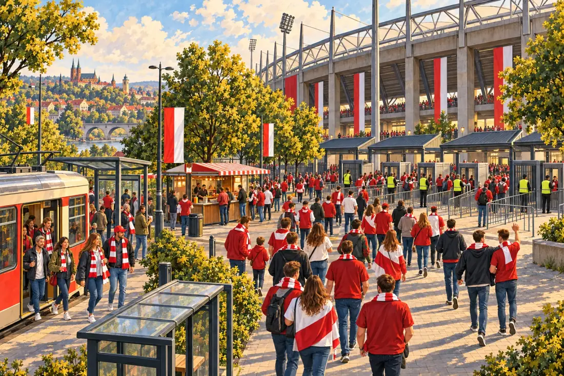 Ulica przed bramami stadionu godzinę przed meczem: kolejki do bramek, stewardzi, kibice z przystanku tramwajowego.