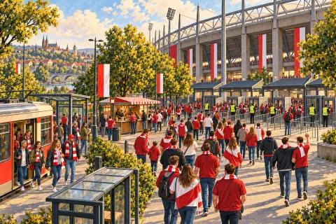 Ulica przed bramami stadionu godzinę przed meczem: kolejki do bramek, stewardzi, kibice z przystanku tramwajowego.