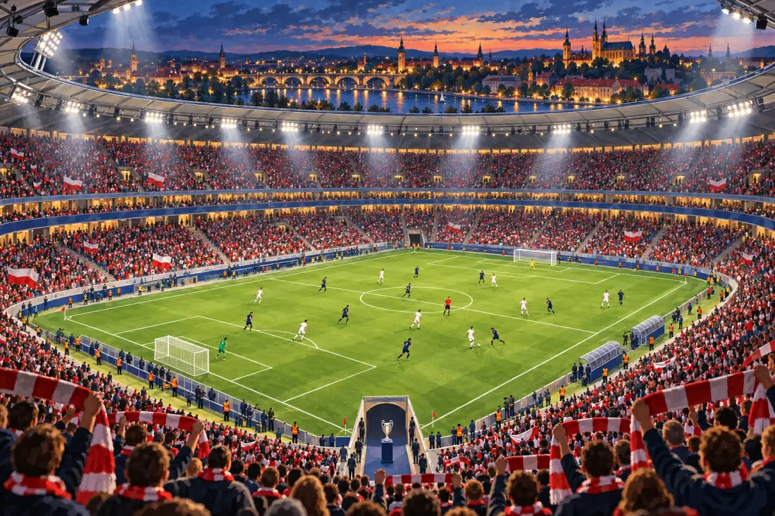 Wielki stadion wieczorem przy sztucznym świetle: finał europejskiego pucharu, dwie drużyny, trofeum przy tunelu.