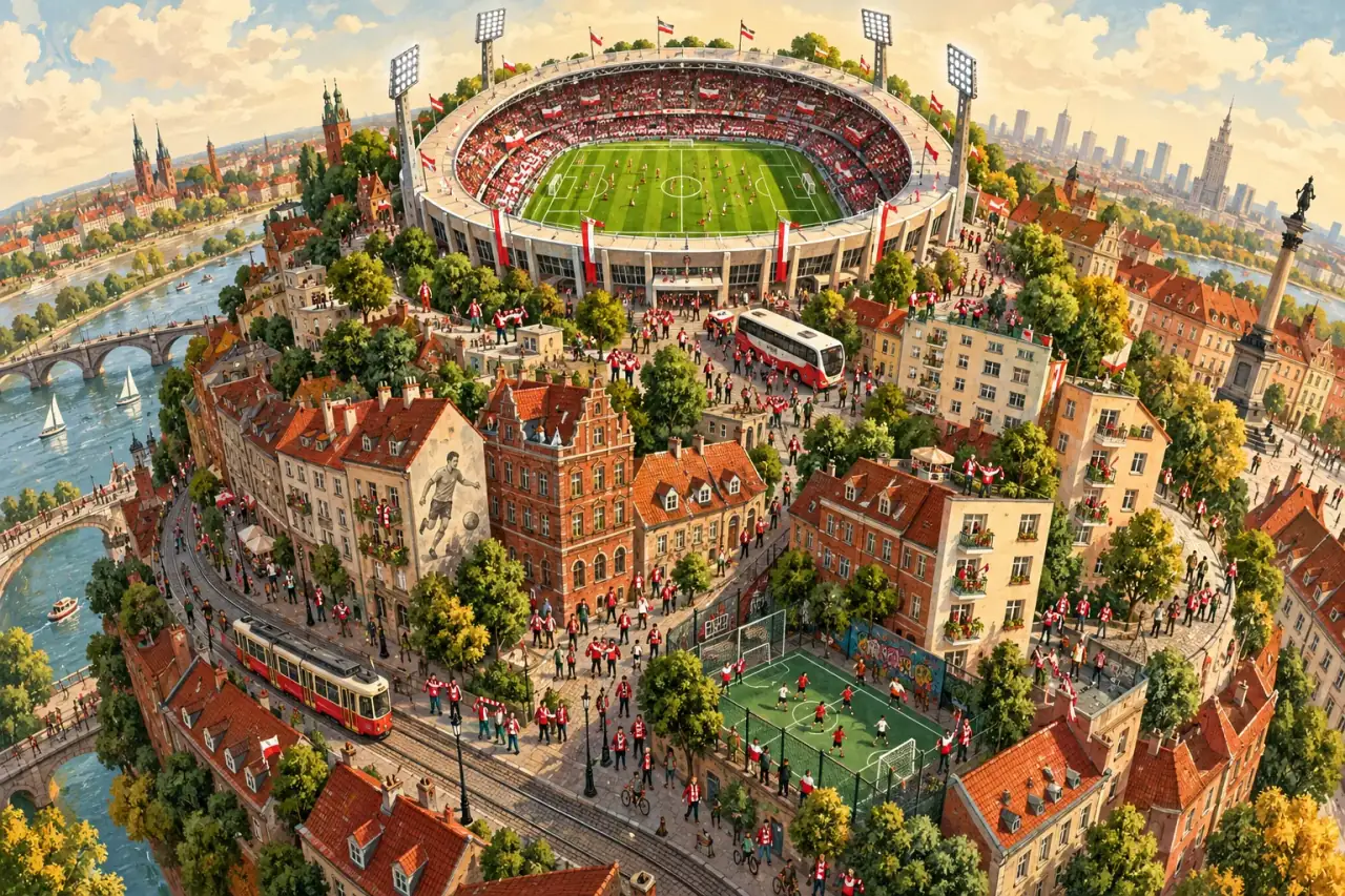 Ilustrowana piłkarska planeta ze stadionem i miastem.